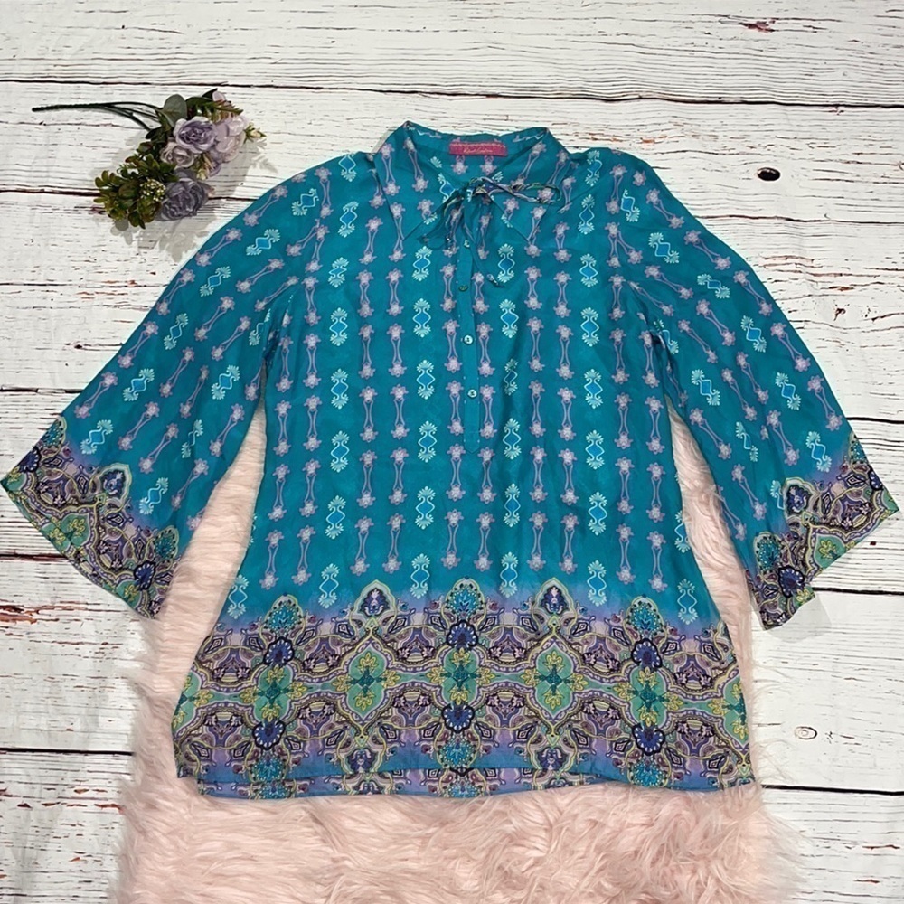 Robert Graham Blue Paisley Geometric 3/4 Sleeve Silk Tunic Blouse